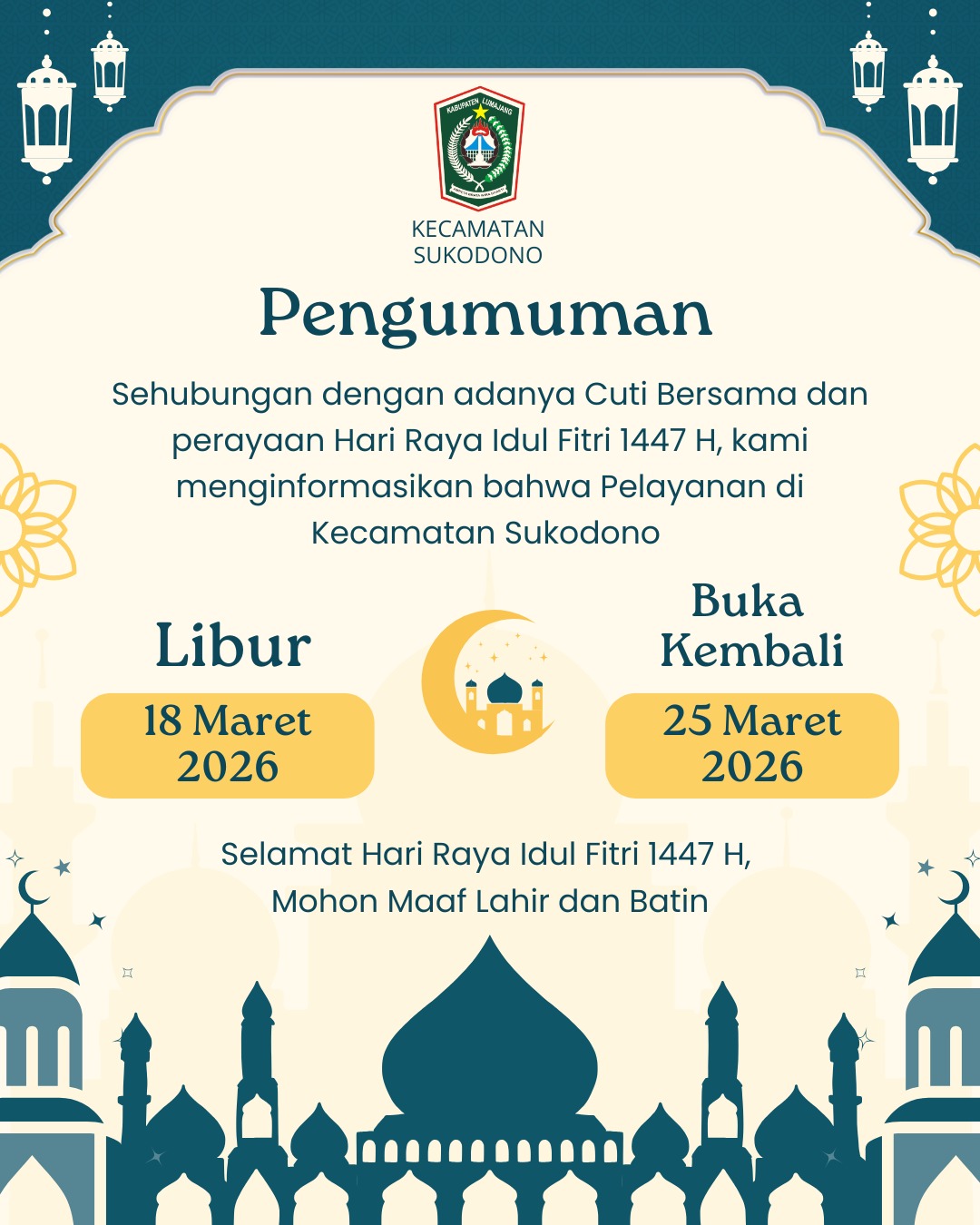Pengumuman Libur Pelayanan Kecamatan Sukodono dalam Rangka Cuti Bersama Nyepi dan Idul Fitri 1447 H