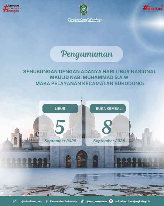 Pelayanan Kecamatan Sukodono Libur pada Maulid Nabi Muhammad S.A.W